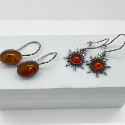 LOT 181J: Two Pairs Sterling Silver and Amber Pierced Earrings