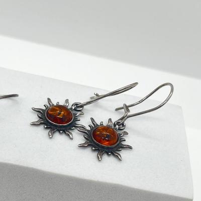 LOT 181J: Two Pairs Sterling Silver and Amber Pierced Earrings