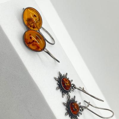 LOT 181J: Two Pairs Sterling Silver and Amber Pierced Earrings