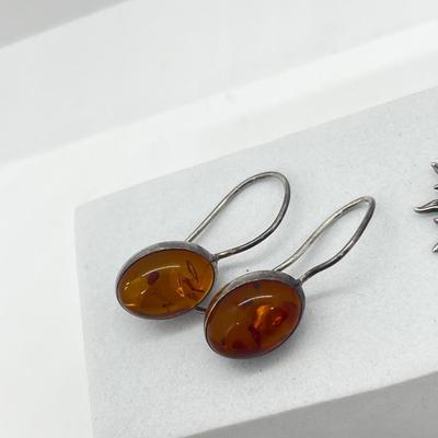 LOT 181J: Two Pairs Sterling Silver and Amber Pierced Earrings