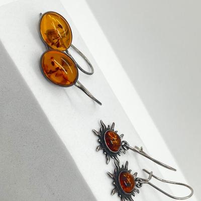 LOT 181J: Two Pairs Sterling Silver and Amber Pierced Earrings