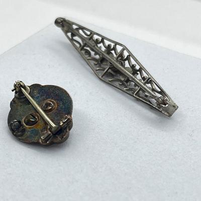 LOT 186J: Antique Victorian Enamel Coral Pendant/Pin, Sterling Rhinestone Fillagree Pendant Necklace and More