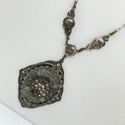 LOT 186J: Antique Victorian Enamel Coral Pendant/Pin, Sterling Rhinestone Fillagree Pendant Necklace and More