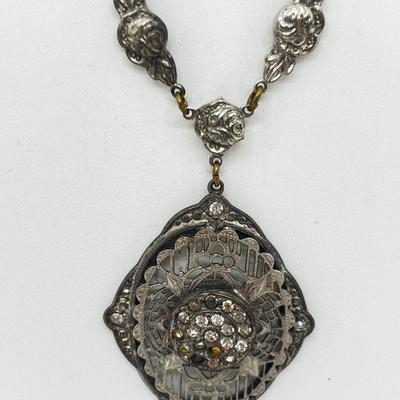LOT 186J: Antique Victorian Enamel Coral Pendant/Pin, Sterling Rhinestone Fillagree Pendant Necklace and More