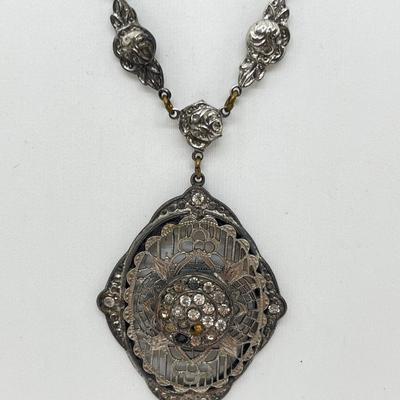 LOT 186J: Antique Victorian Enamel Coral Pendant/Pin, Sterling Rhinestone Fillagree Pendant Necklace and More