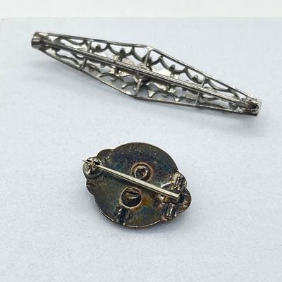 LOT 186J: Antique Victorian Enamel Coral Pendant/Pin, Sterling Rhinestone Fillagree Pendant Necklace and More