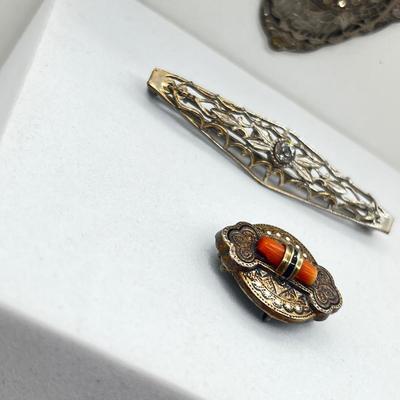 LOT 186J: Antique Victorian Enamel Coral Pendant/Pin, Sterling Rhinestone Fillagree Pendant Necklace and More