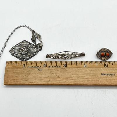 LOT 186J: Antique Victorian Enamel Coral Pendant/Pin, Sterling Rhinestone Fillagree Pendant Necklace and More