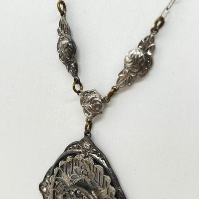 LOT 186J: Antique Victorian Enamel Coral Pendant/Pin, Sterling Rhinestone Fillagree Pendant Necklace and More