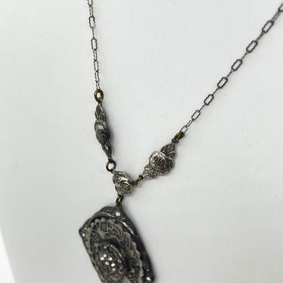 LOT 186J: Antique Victorian Enamel Coral Pendant/Pin, Sterling Rhinestone Fillagree Pendant Necklace and More