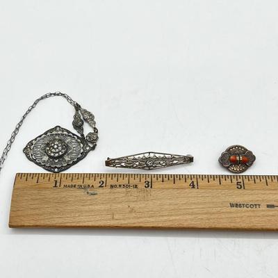 LOT 186J: Antique Victorian Enamel Coral Pendant/Pin, Sterling Rhinestone Fillagree Pendant Necklace and More