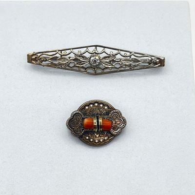 LOT 186J: Antique Victorian Enamel Coral Pendant/Pin, Sterling Rhinestone Fillagree Pendant Necklace and More