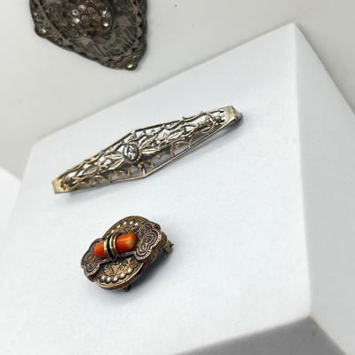 LOT 186J: Antique Victorian Enamel Coral Pendant/Pin, Sterling Rhinestone Fillagree Pendant Necklace and More