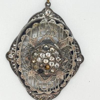 LOT 186J: Antique Victorian Enamel Coral Pendant/Pin, Sterling Rhinestone Fillagree Pendant Necklace and More
