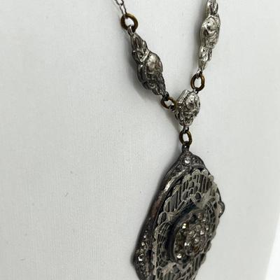 LOT 186J: Antique Victorian Enamel Coral Pendant/Pin, Sterling Rhinestone Fillagree Pendant Necklace and More