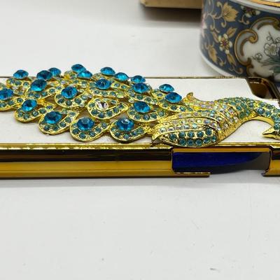 LOT 192J: Peacock Lot! Earrings, Brooch, Picture Frame, Ceramic Dish, Glass Bottle, Custom Bedazzled Phone Case