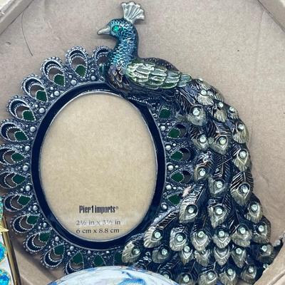 LOT 192J: Peacock Lot! Earrings, Brooch, Picture Frame, Ceramic Dish, Glass Bottle, Custom Bedazzled Phone Case