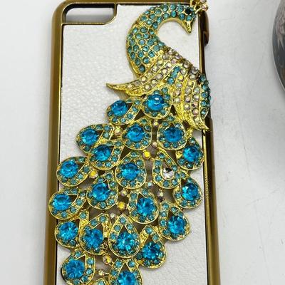 LOT 192J: Peacock Lot! Earrings, Brooch, Picture Frame, Ceramic Dish, Glass Bottle, Custom Bedazzled Phone Case