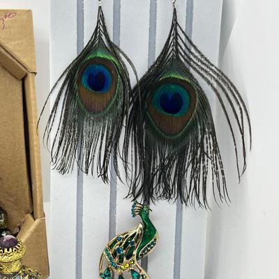 LOT 192J: Peacock Lot! Earrings, Brooch, Picture Frame, Ceramic Dish, Glass Bottle, Custom Bedazzled Phone Case