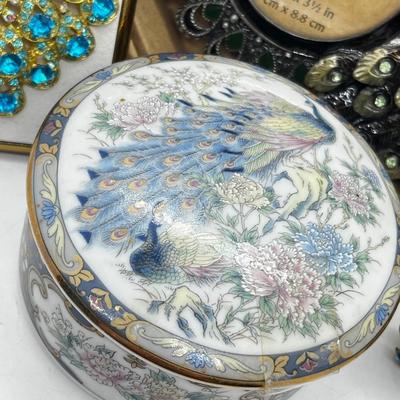 LOT 192J: Peacock Lot! Earrings, Brooch, Picture Frame, Ceramic Dish, Glass Bottle, Custom Bedazzled Phone Case