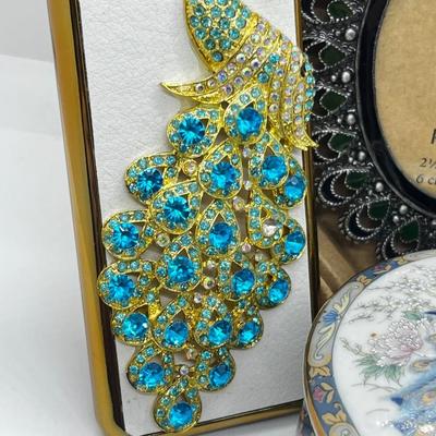 LOT 192J: Peacock Lot! Earrings, Brooch, Picture Frame, Ceramic Dish, Glass Bottle, Custom Bedazzled Phone Case