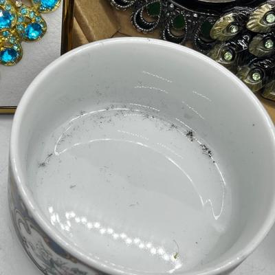 LOT 192J: Peacock Lot! Earrings, Brooch, Picture Frame, Ceramic Dish, Glass Bottle, Custom Bedazzled Phone Case