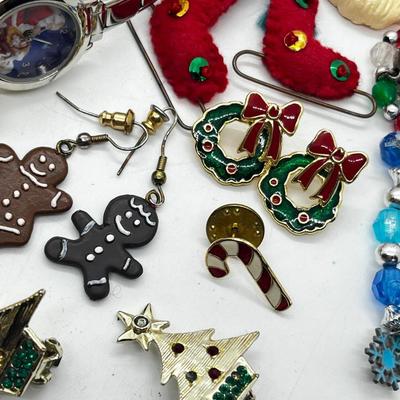 LOT 193J: Massive Christmas Jewelry Lot in a Vintage Spalding Box - Watches, Earrings, Pins and More