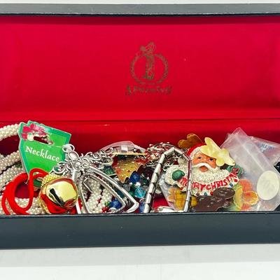 LOT 193J: Massive Christmas Jewelry Lot in a Vintage Spalding Box - Watches, Earrings, Pins and More
