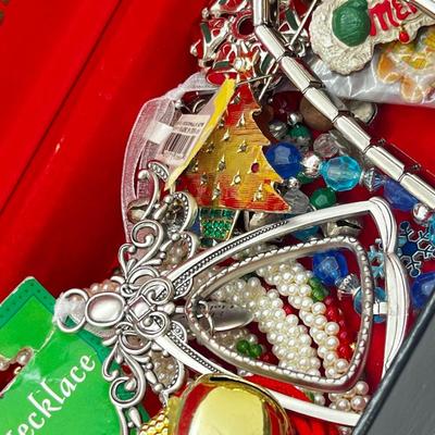 LOT 193J: Massive Christmas Jewelry Lot in a Vintage Spalding Box - Watches, Earrings, Pins and More
