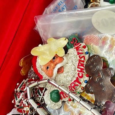 LOT 193J: Massive Christmas Jewelry Lot in a Vintage Spalding Box - Watches, Earrings, Pins and More