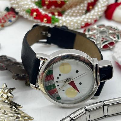 LOT 193J: Massive Christmas Jewelry Lot in a Vintage Spalding Box - Watches, Earrings, Pins and More