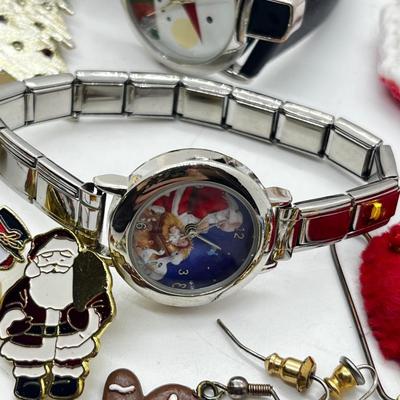 LOT 193J: Massive Christmas Jewelry Lot in a Vintage Spalding Box - Watches, Earrings, Pins and More