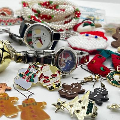 LOT 193J: Massive Christmas Jewelry Lot in a Vintage Spalding Box - Watches, Earrings, Pins and More