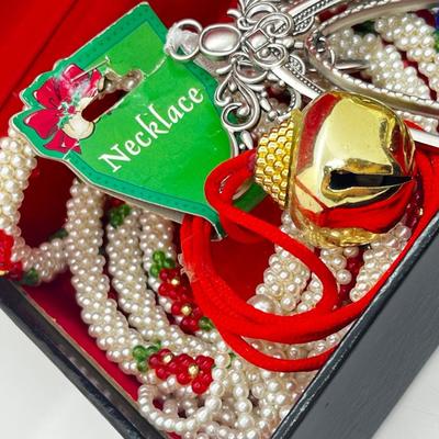 LOT 193J: Massive Christmas Jewelry Lot in a Vintage Spalding Box - Watches, Earrings, Pins and More