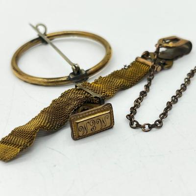 LOT 196J: Antique Victorian Gold Filled Mesh Watch Fob Chain and Circle Brooch