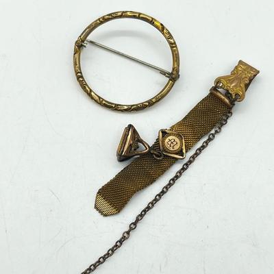 LOT 196J: Antique Victorian Gold Filled Mesh Watch Fob Chain and Circle Brooch