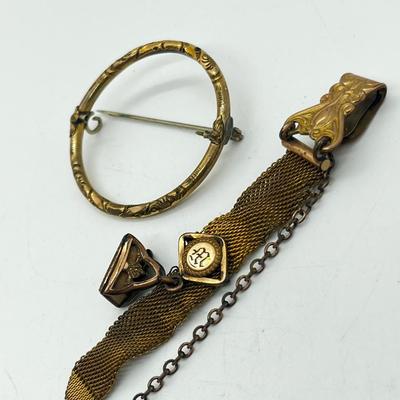 LOT 196J: Antique Victorian Gold Filled Mesh Watch Fob Chain and Circle Brooch