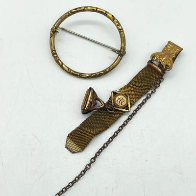 LOT 196J: Antique Victorian Gold Filled Mesh Watch Fob Chain and Circle Brooch