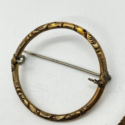 LOT 196J: Antique Victorian Gold Filled Mesh Watch Fob Chain and Circle Brooch
