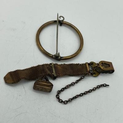 LOT 196J: Antique Victorian Gold Filled Mesh Watch Fob Chain and Circle Brooch
