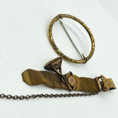 LOT 196J: Antique Victorian Gold Filled Mesh Watch Fob Chain and Circle Brooch