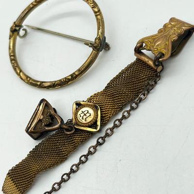 LOT 196J: Antique Victorian Gold Filled Mesh Watch Fob Chain and Circle Brooch