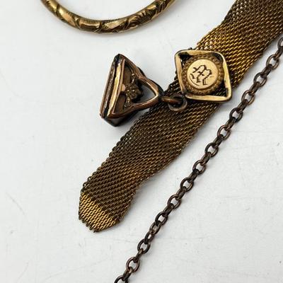 LOT 196J: Antique Victorian Gold Filled Mesh Watch Fob Chain and Circle Brooch