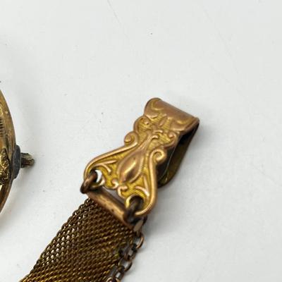 LOT 196J: Antique Victorian Gold Filled Mesh Watch Fob Chain and Circle Brooch