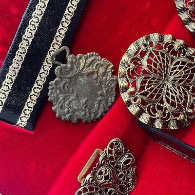 LOT 198J: Antique Victorian Belt Buckles with a Vintage Red Velvet Lined Jewelry Case