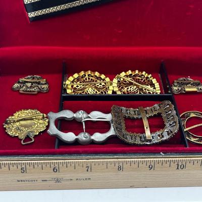 LOT 198J: Antique Victorian Belt Buckles with a Vintage Red Velvet Lined Jewelry Case