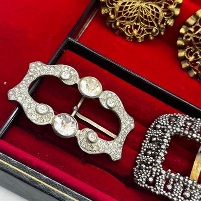 LOT 198J: Antique Victorian Belt Buckles with a Vintage Red Velvet Lined Jewelry Case