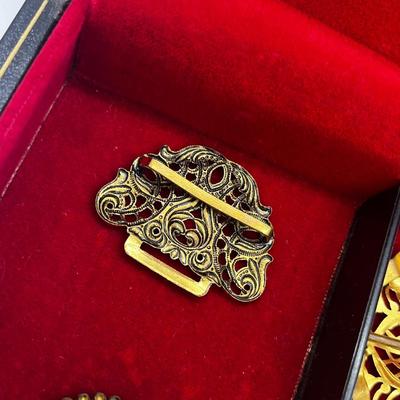 LOT 198J: Antique Victorian Belt Buckles with a Vintage Red Velvet Lined Jewelry Case
