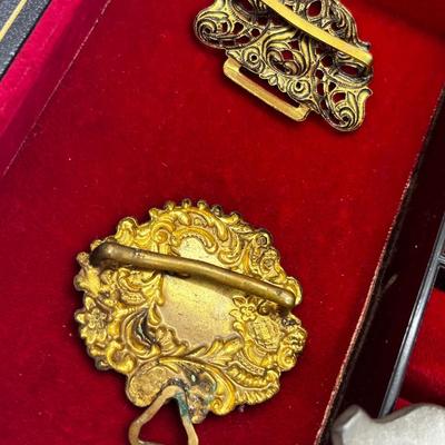 LOT 198J: Antique Victorian Belt Buckles with a Vintage Red Velvet Lined Jewelry Case