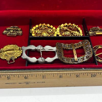 LOT 198J: Antique Victorian Belt Buckles with a Vintage Red Velvet Lined Jewelry Case